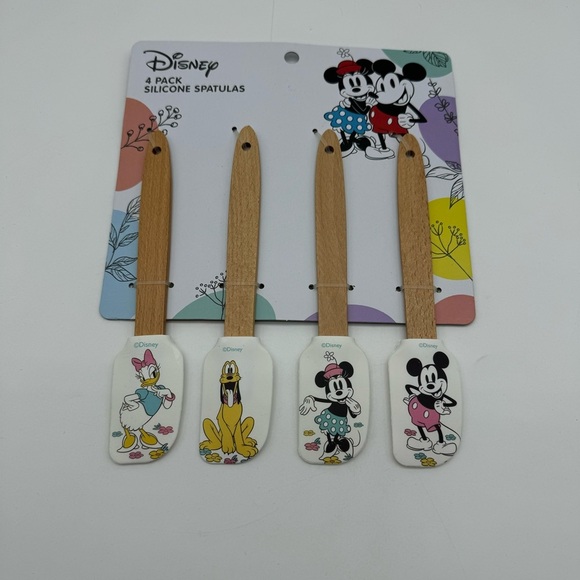 Disney Silicone Spatulas 4 Pack Small Wooden Handle White Black Mickey Minnie - Picture 1 of 7